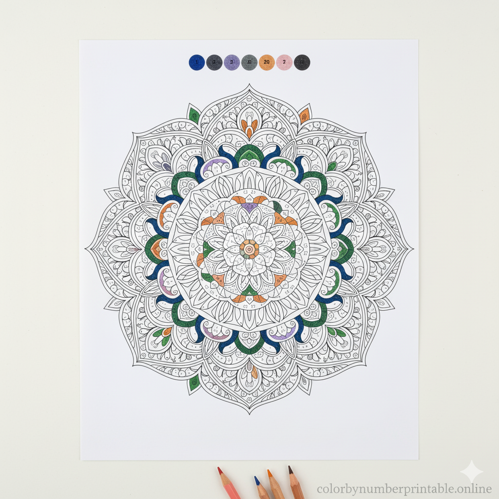 Complex mandala color by number printable for adults, showcasing intricate geometric patterns, fine details, and neutral background for stress-relief coloring